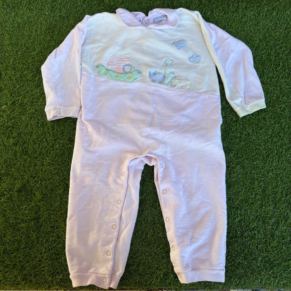Vtg Itsy Bitsy Sleeper‎ Noahs Ark Embroidered Pink Romper Toddler Girls Size 2T